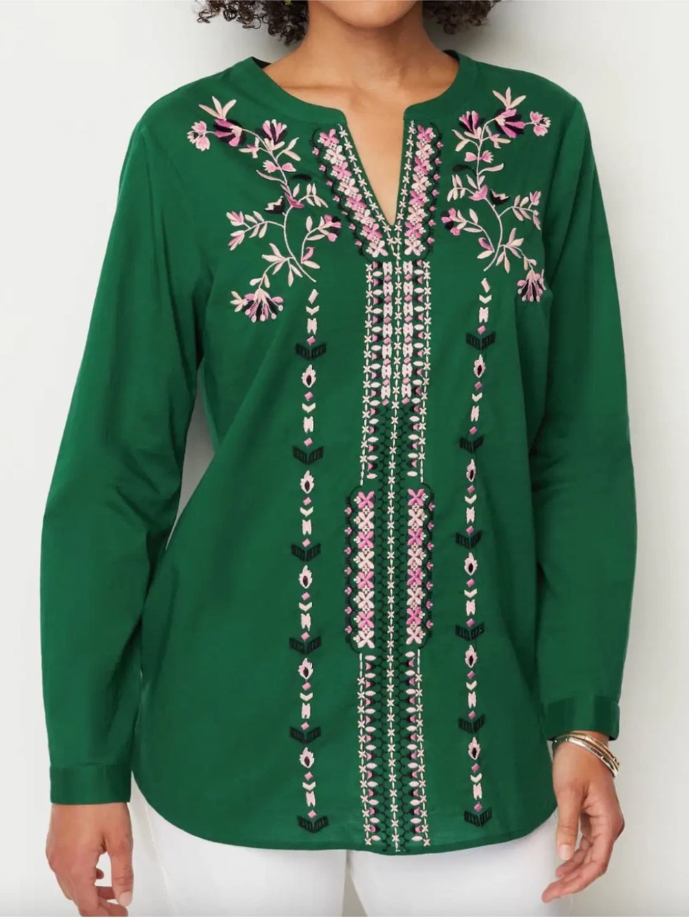 J. Jill 100% Cotton Green Embroidered Split-Neck Lightweight Tunic Top Size MED